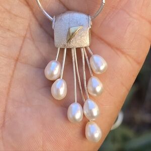 Artisan handmade brushed 925 sterling silver gold dangling pearls thunderstorm